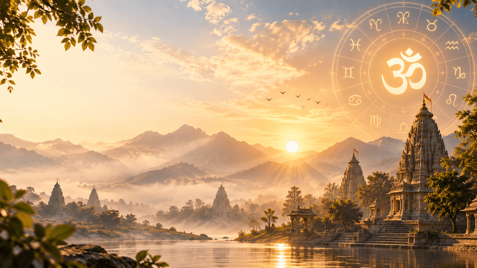 Maa Astro - Vedic Temple Sunrise, Sacred Ghats and Glowing Om Celestial Zodiac Wheel